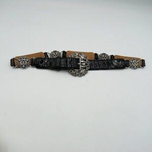 Brighton Womens Sz 32 Black Faux Croc Leather Belt Silver Tone Rhinestone Buckle